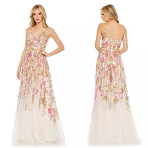 NWT Mac Duggal V Neck Floral #5671 EMBELLISHED GOWN. Pink, gold, bridal Size 22